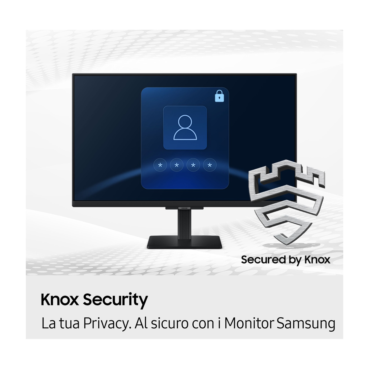 Monitor con schermata di blocco di sicurezza e logo Knox Security. Testo: Secured by Knox. Knox Security, e testo italiano.