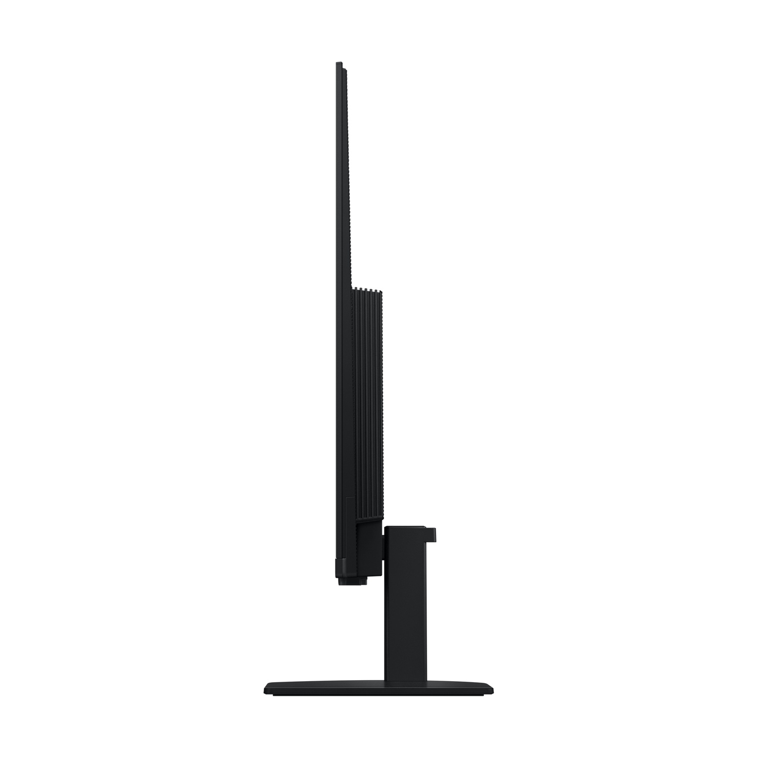 Vista laterale di un monitor del computer nero. Lo schermo è alto e sottile, sostenuto da un supporto nero su sfondo bianco.