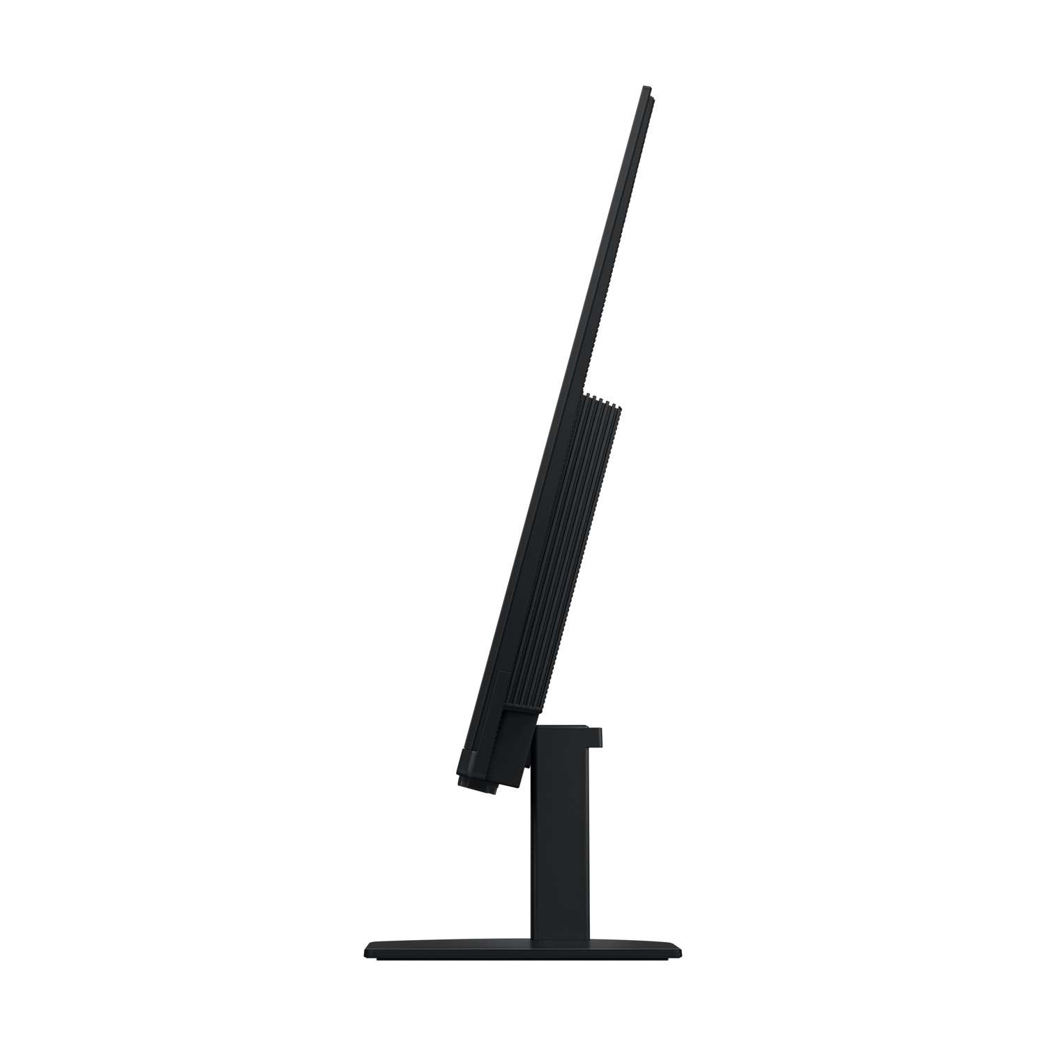 Vista laterale di un monitor per computer nero. Ha uno schermo sottile, una base rettangolare e un supporto verticale. Lo sfondo è bianco.
