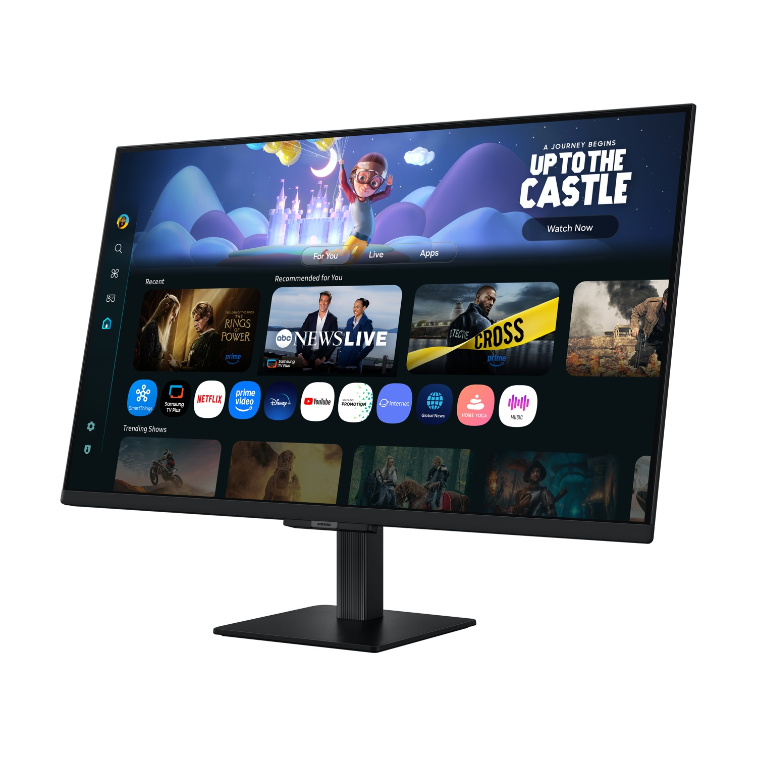 Un monitor mostra un'interfaccia di servizio di streaming. Gli spettacoli includono 'Rings of Power' e 'News Live'. Lo schermo è nero, con una base nera.