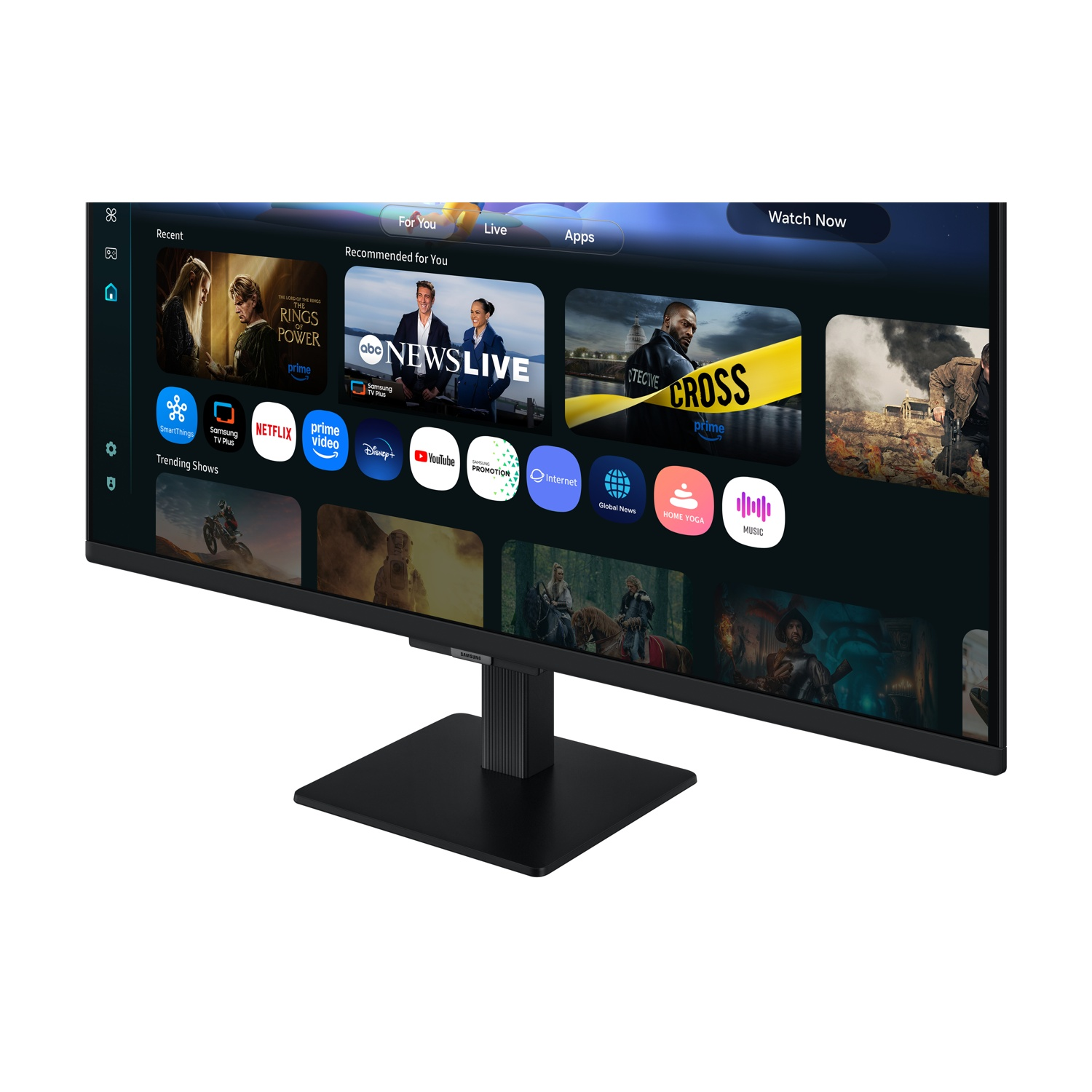 Un monitor nero visualizza un'interfaccia TV con varie icone di app, tra cui Netflix, Prime Video e YouTube. Lo schermo mostra programmi TV.