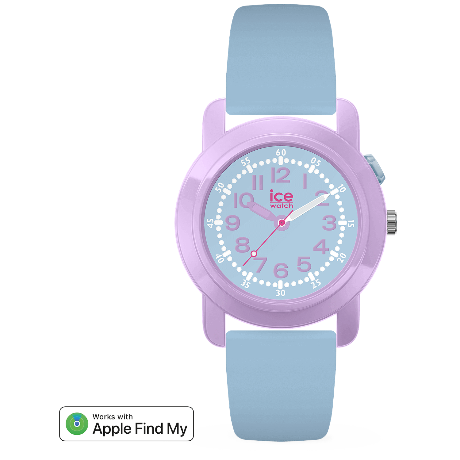 Une montre ICE violet clair avec un cadran et un bracelet bleus. La montre a des chiffres et des aiguilles blanches. Le logo Apple Find My est dans le coin.