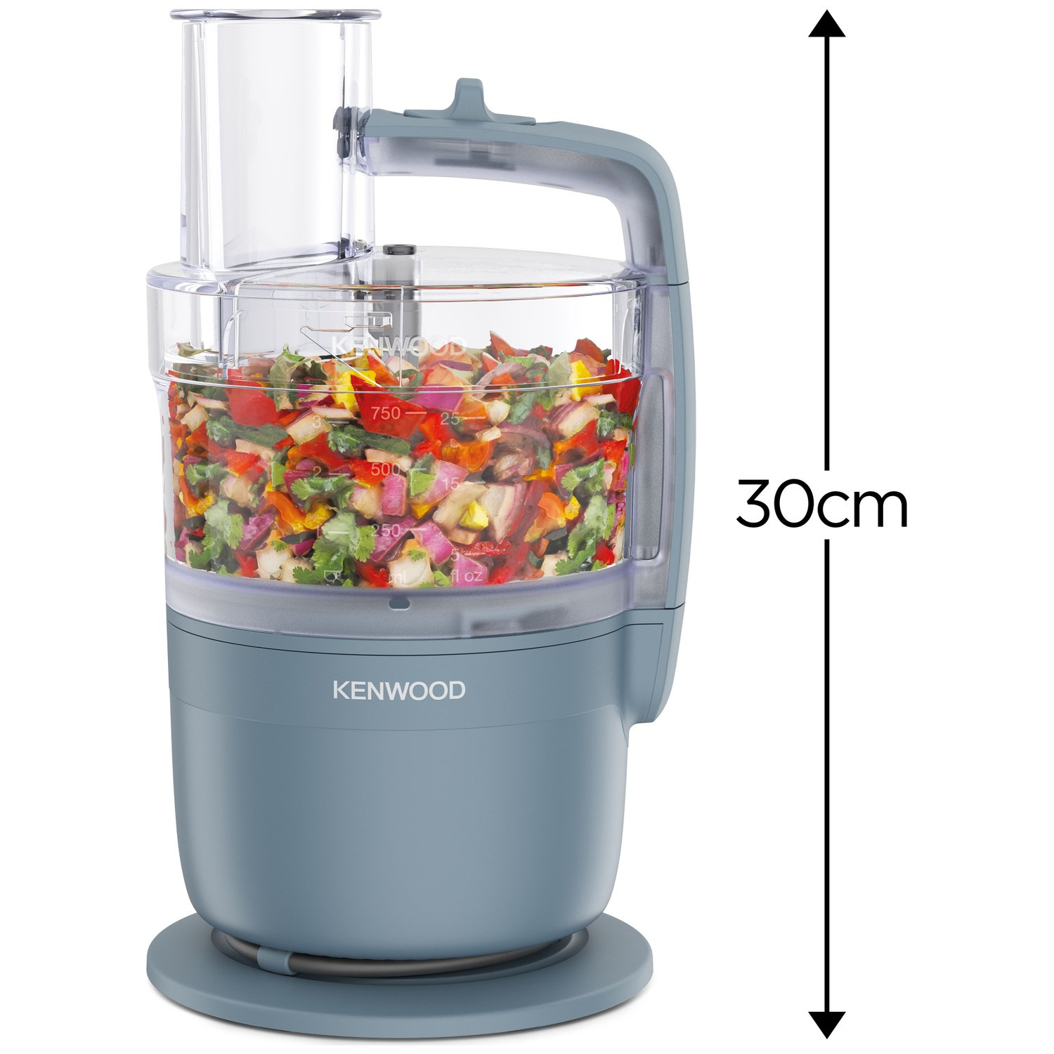 A Kenwood food processor with chopped vegetables inside. It is grey, with a clear container. 30cm in height.