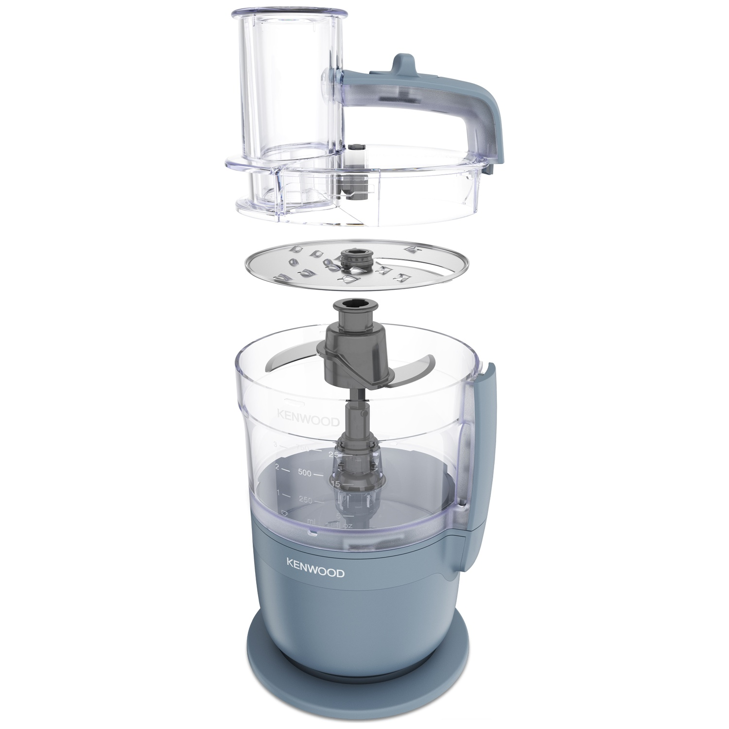 An exploded view of a Kenwood food processor. It shows the parts: a lid, blade, bowl, and base, all in blue and transparent plastic.