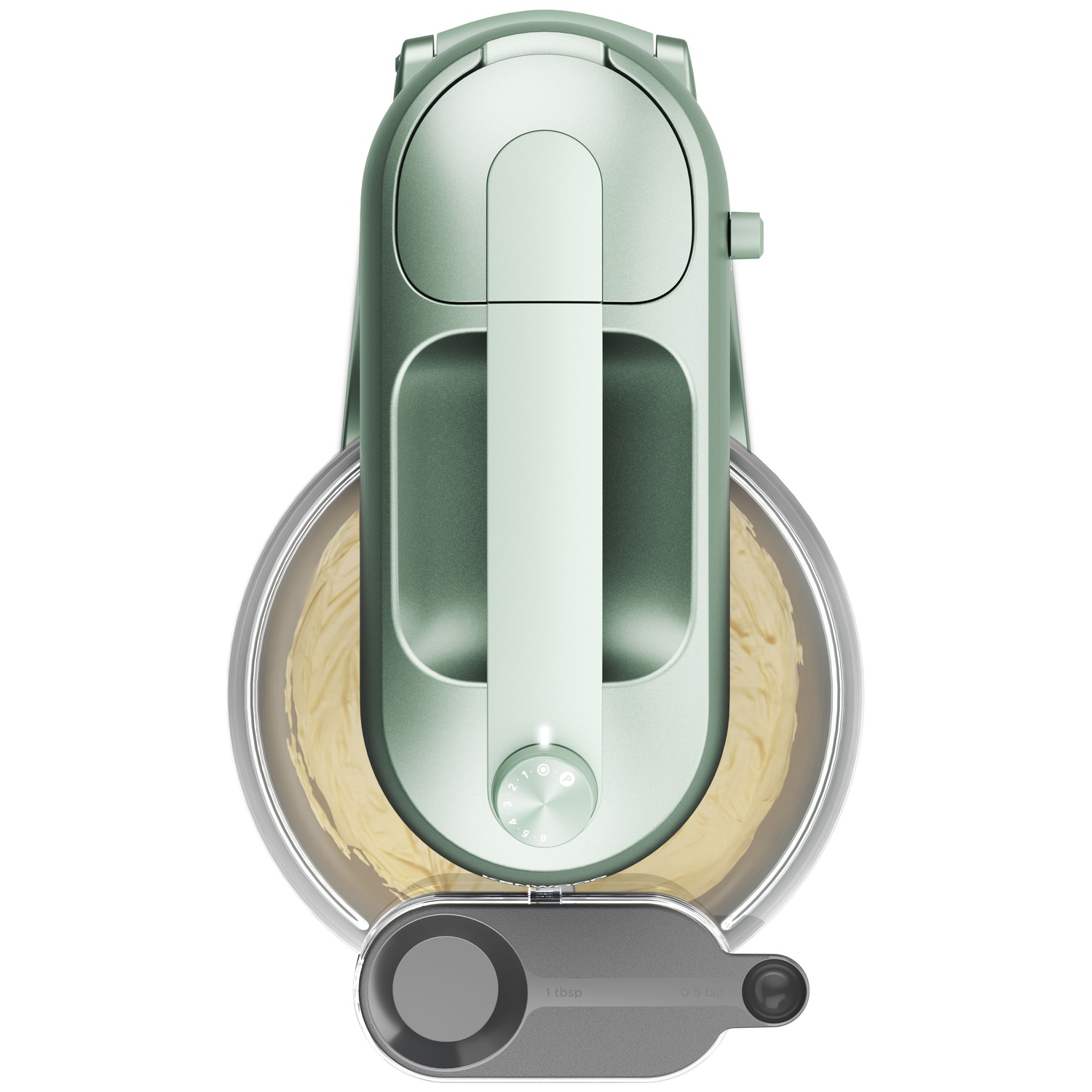 Overhead shot of a mint-green stand mixer with a bowl of batter. The mixer is on a white background, clearly showing its details.