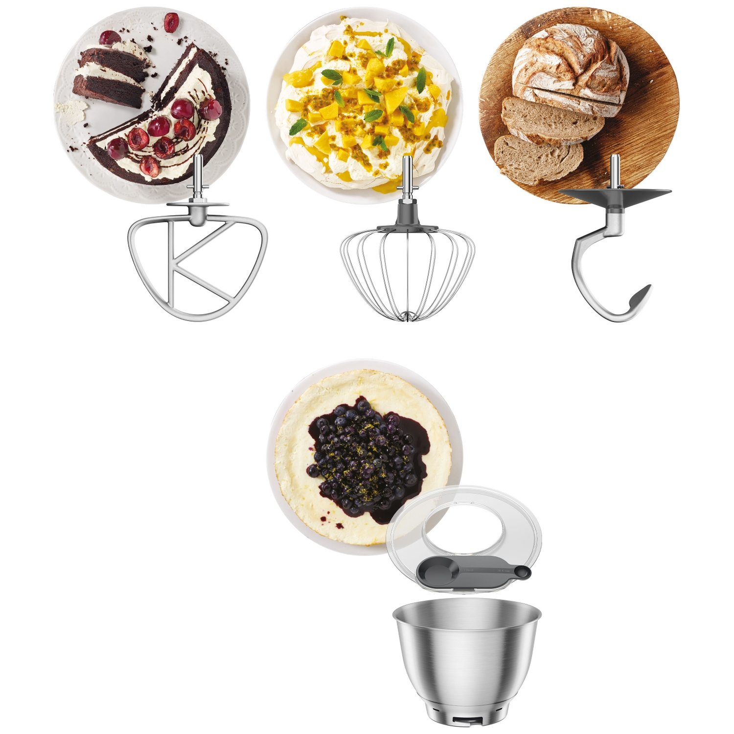 Image shows a mixer with attachments and bowls. There are cakes, bread, and a dessert in bowls. The scene is on a white background.