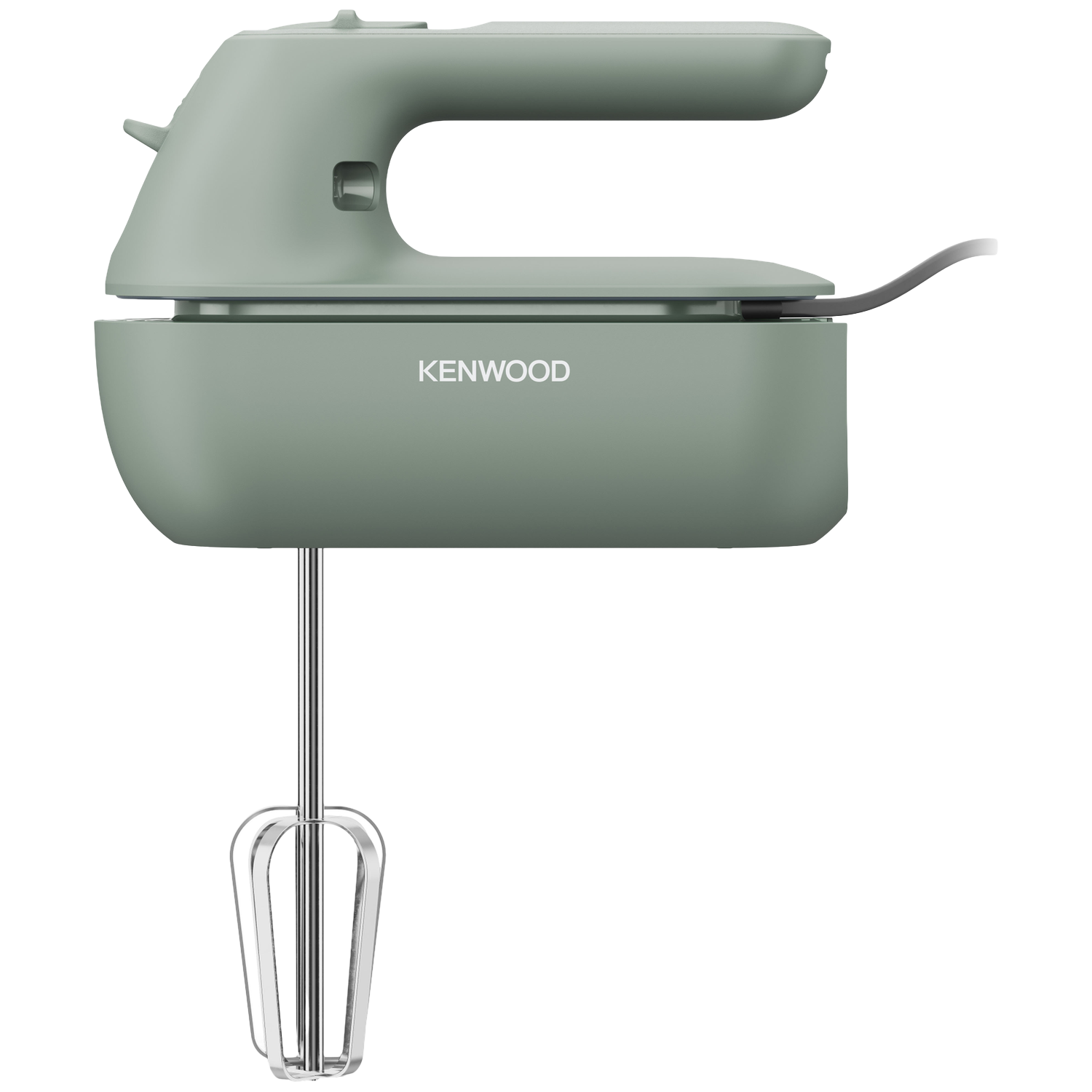 Un batteur à main Kenwood vert sauge sur fond blanc. Il a une poignée, un corps et un accessoire fouet en acier inoxydable.