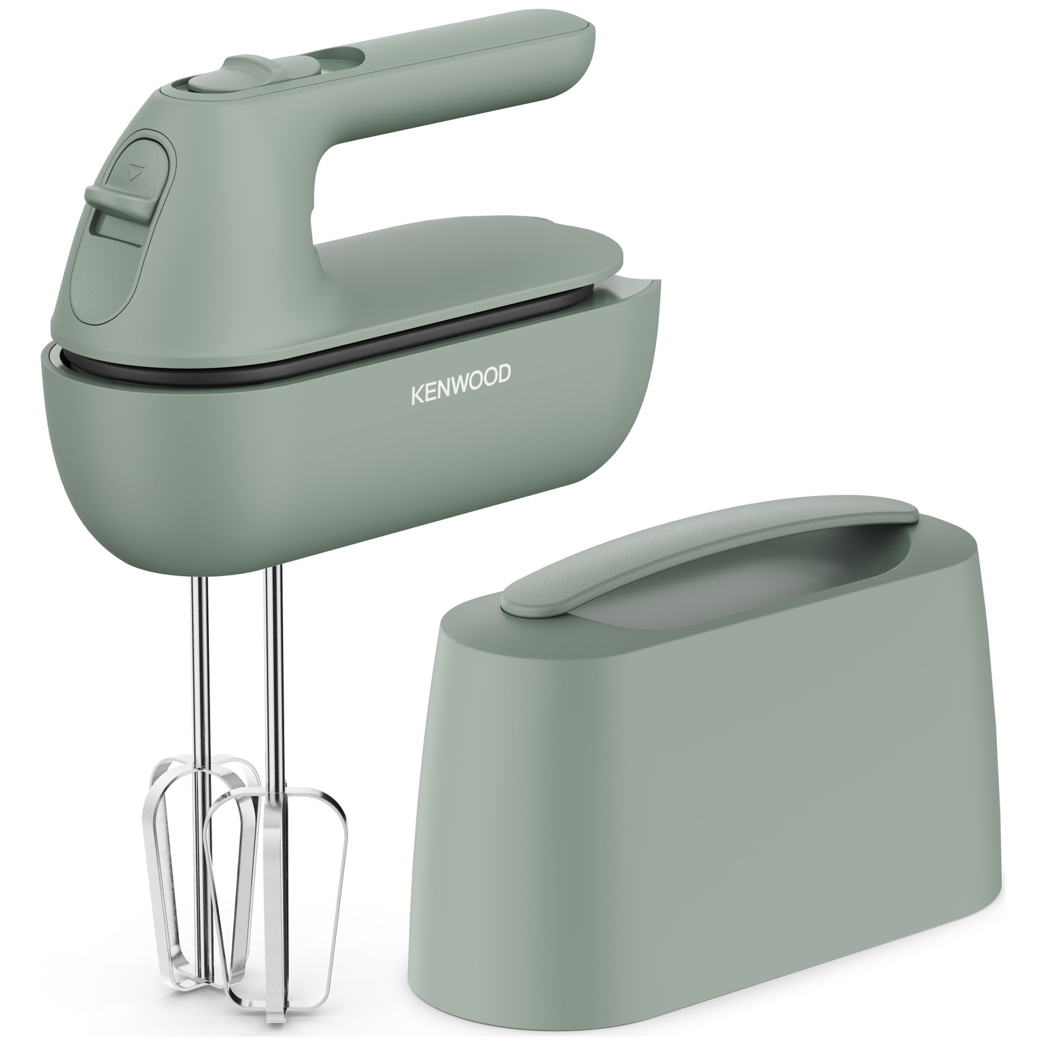 Un batteur à main Kenwood vert sauge avec des batteurs et un étui de rangement. Le batteur est sur fond blanc.
