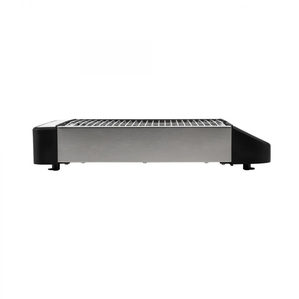 Un dispositivo rectangular plateado con una rejilla en la parte superior y lados negros. Sobre un fondo blanco.