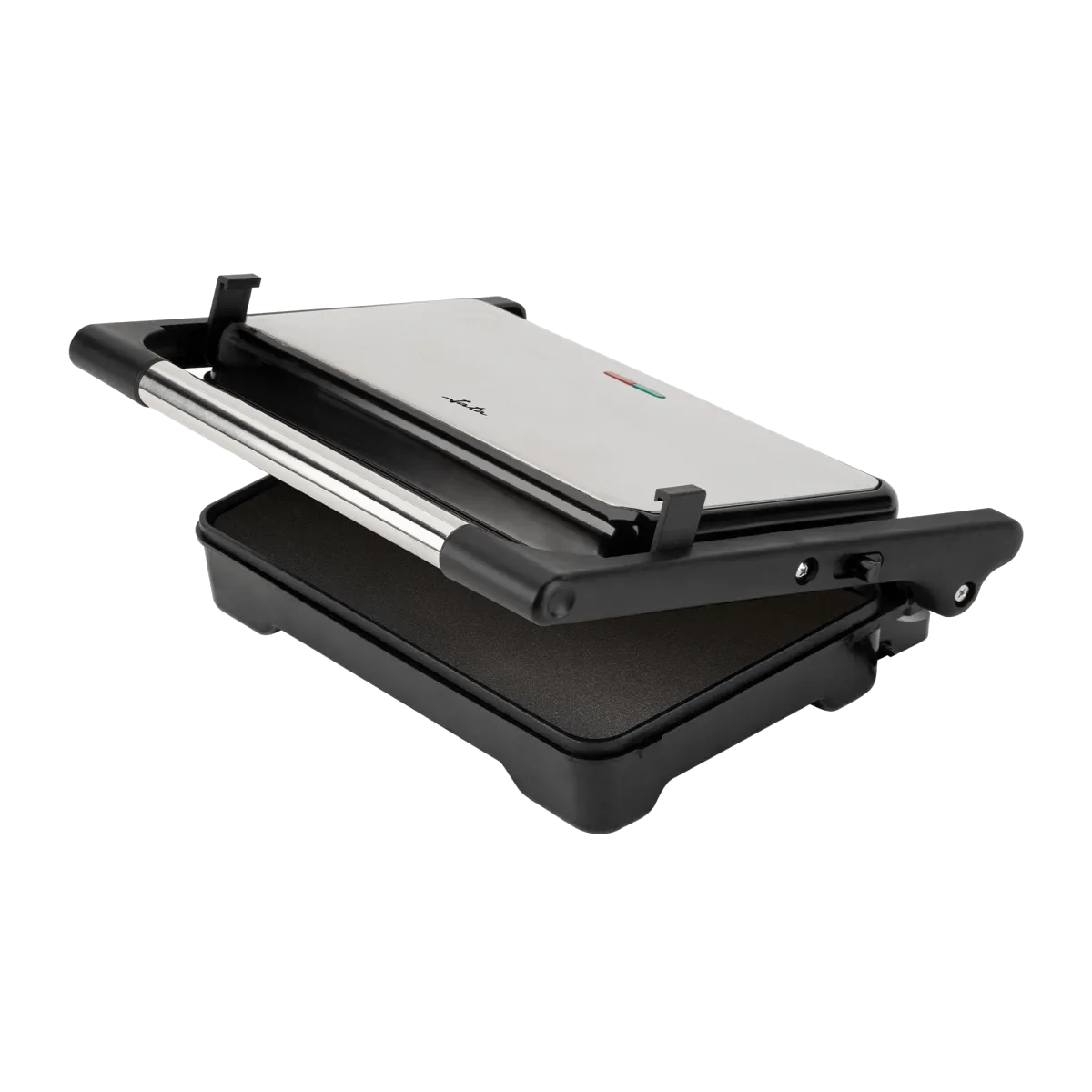 Una plancha para panini plateada y negra está abierta sobre una superficie negra. Tiene un indicador de encendido con luces verdes y rojas.