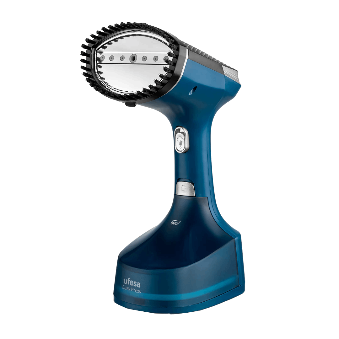 Un vaporizador de ropa azul, udesa Easy Press, sobre fondo negro. Tiene un cabezal redondeado con salidas de vapor y un gatillo.
