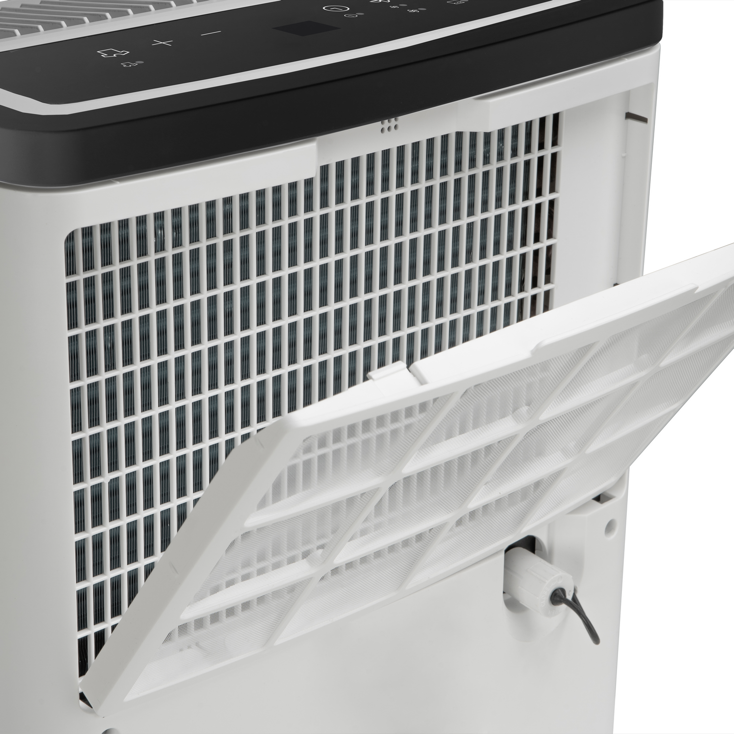 Purificador de aire blanco y negro con cubierta de filtro abierta. Muestra el filtro interno y el panel de control superior.