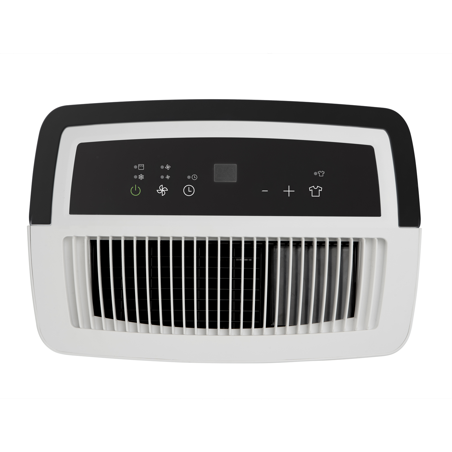 Vista superior de un deshumidificador blanco y negro. Tiene un panel de control con iconos y una rejilla inferior.