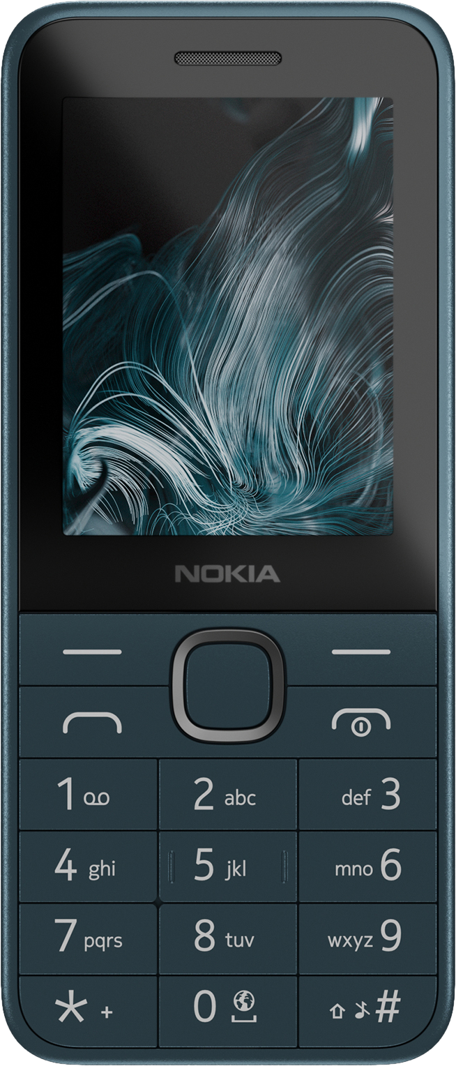 Un téléphone Nokia bleu foncé avec un écran à motifs et un clavier. Le clavier comporte des chiffres et des lettres.