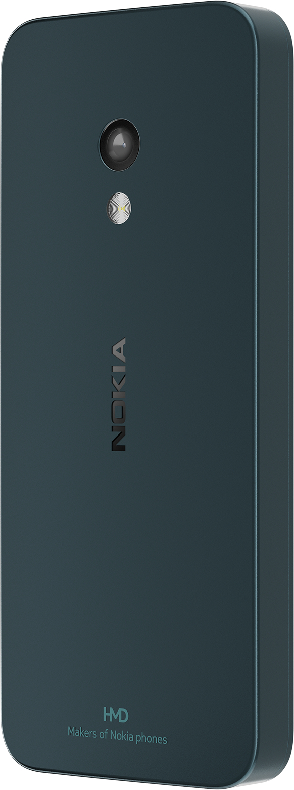 Dos de téléphone Nokia bleu foncé. Caméra et flash visibles. Logos Nokia et HMD présents. Bords incurvés.