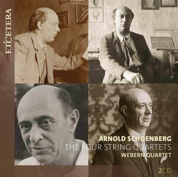 Albumcover mit vier Porträts von Arnold Schönberg. Text: Arnold Schönberg, The Four String Quartets, Webern Quartet, 2CD.