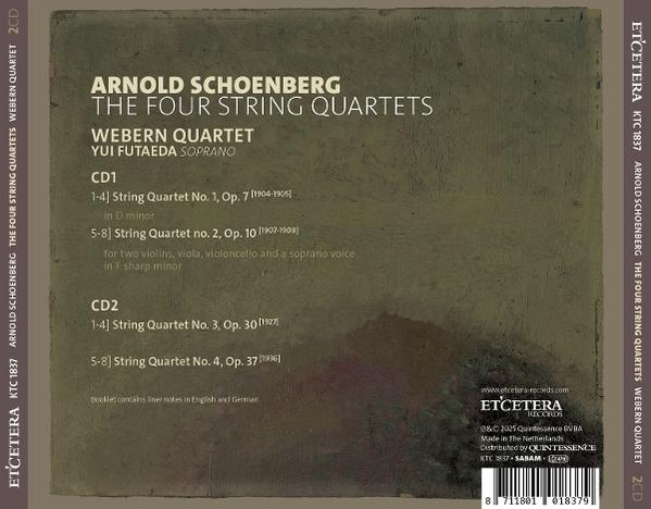 CD-Cover. Titel: Arnold Schoenberg, The Four String Quartets. Interpreten: Webern Quartet und Yui Futaeda. Details zu CD1 und CD2.