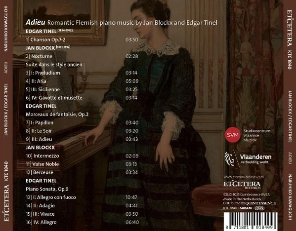 Albumcover: Frau spielt Klavier, Noten und Text. Titel: Adieu, romantische flämische Klaviermusik. Künstler: Jan Blockx, Edgar Tinel.