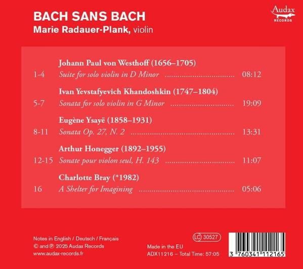 Rotes Albumcover mit Text: Bach Sans Bach, Titelliste und Audax Records Logo.