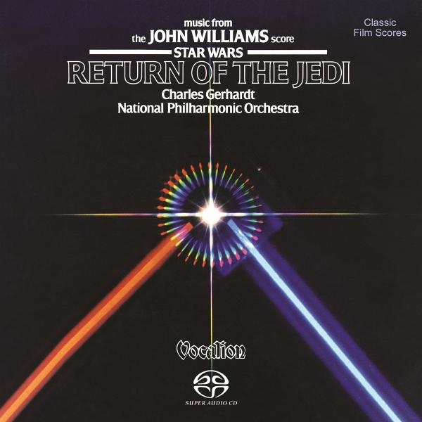 Albumcover für Rückkehr der Jedi-Ritter. Mit einem zentralen Lichtstrahl, zwei Lichtschwertern und Text mit Albumdetails.