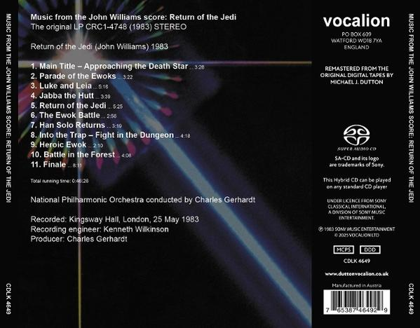 CD-Cover. Titel: Die Rückkehr der Jedi-Ritter. Enthält Titelliste, Vocalion-Logo und Details zum Musik-Score und zur Produktion.