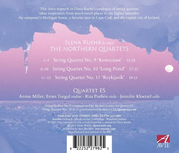 Albumcover mit dem Titel 'The Northern Quartets' von Elena Ruehr. Enthält Text, einen Mond und eine Landschaft mit rosa und blauem Farbschema.