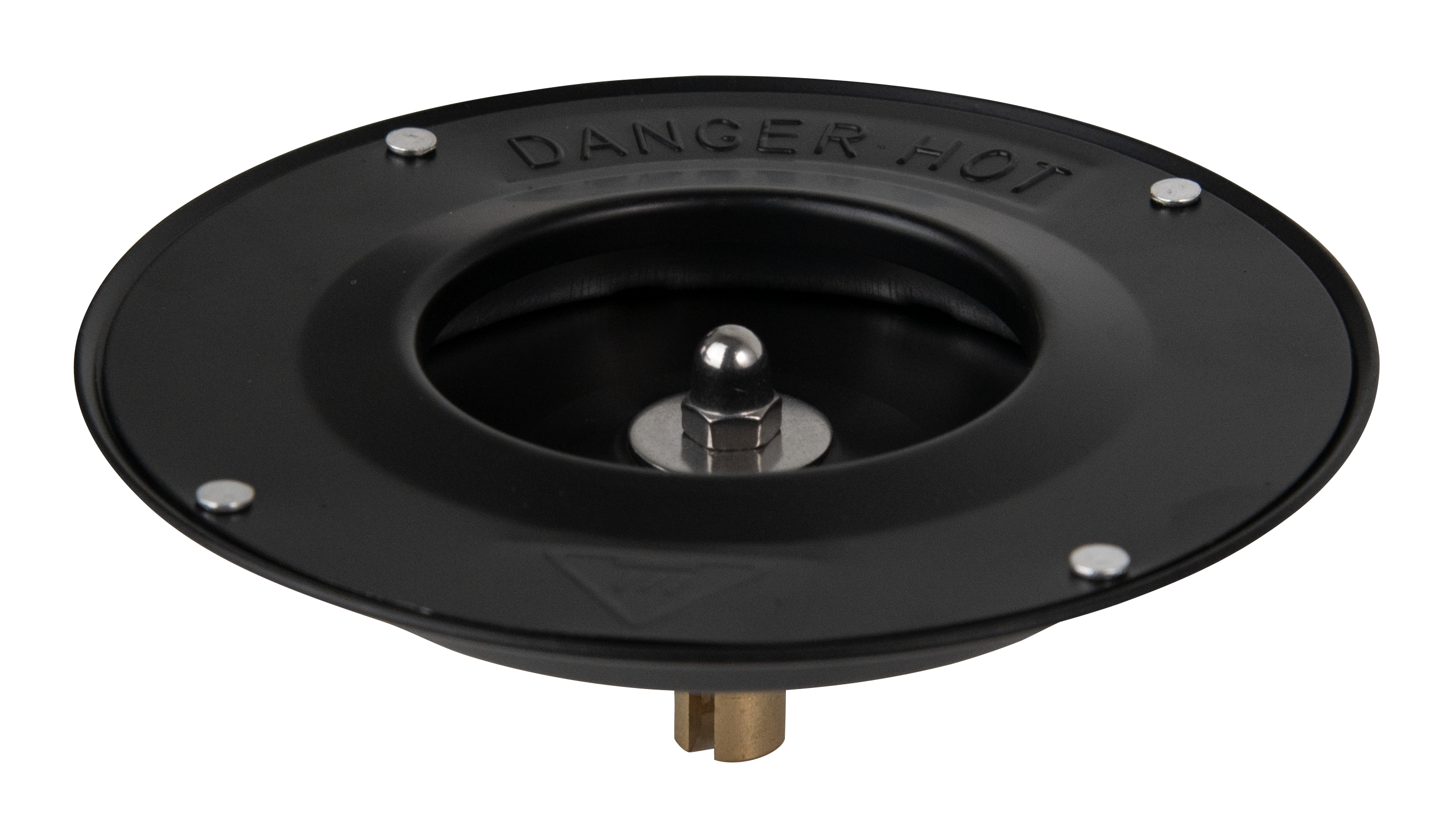 Czarna pokrywa odpływu z napisem 'DANGER HOT'. Centralny wylew z metalową kulką. Pokrywa ma nity i mosiężną podstawę.