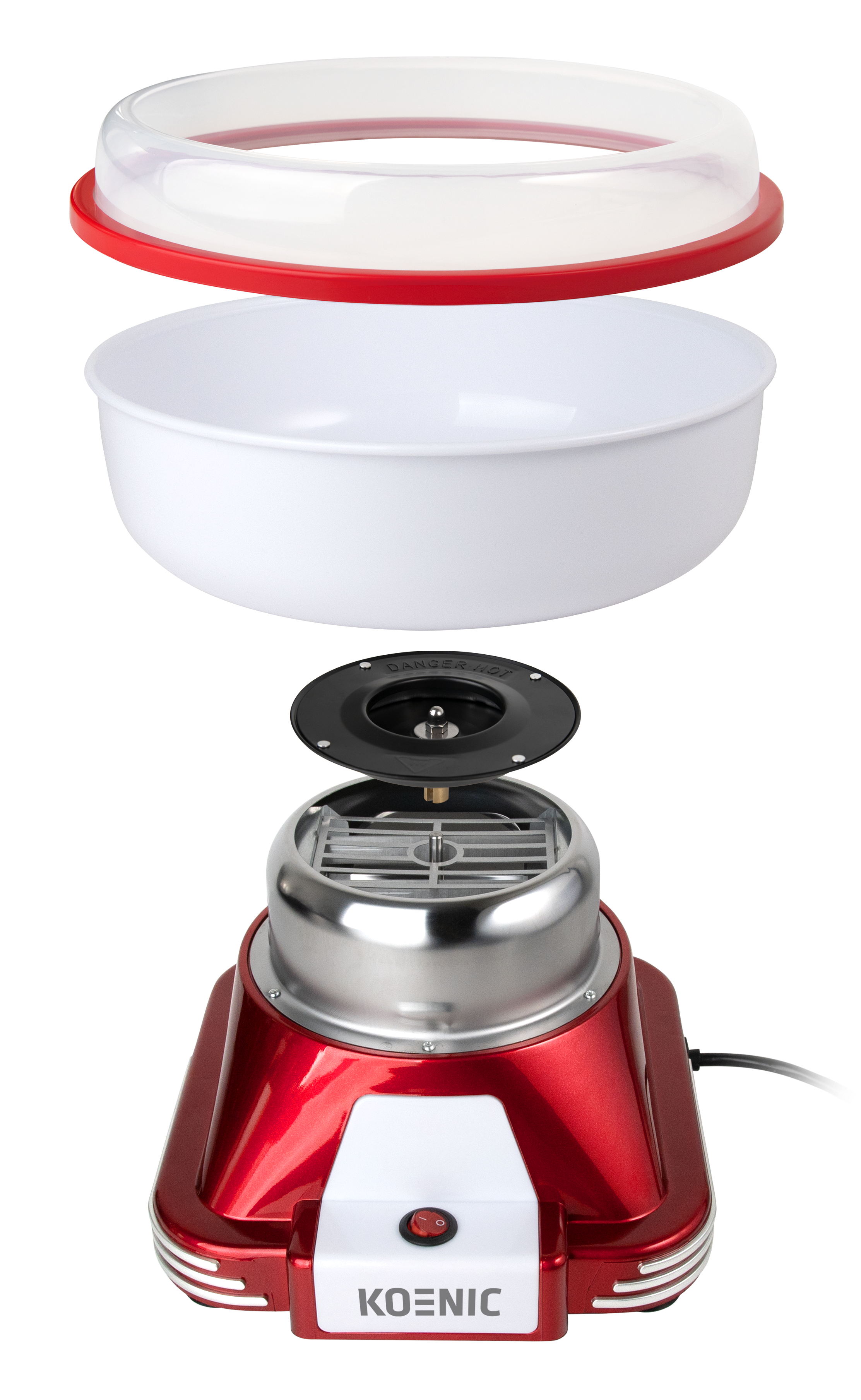 Maszyna do waty cukrowej z czerwoną podstawą, srebrną górą, czarnymi częściami oraz białą misą i pokrywą, wszystko osobno. Logo KOENIC.