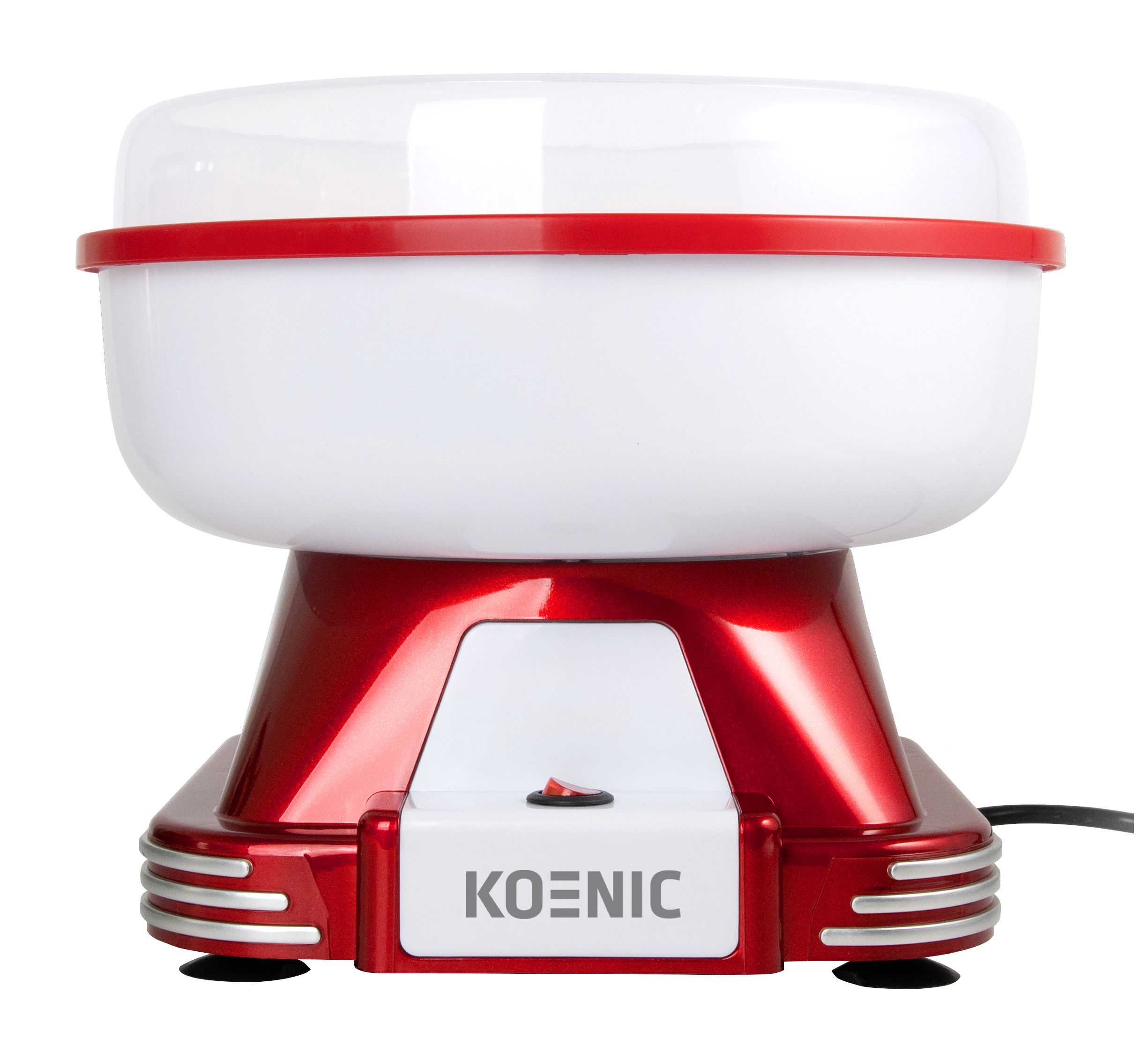 Czerwono-białe urządzenie do waty cukrowej. Ma białą misę, czerwone akcenty i widoczną markę 'KOENIC'.