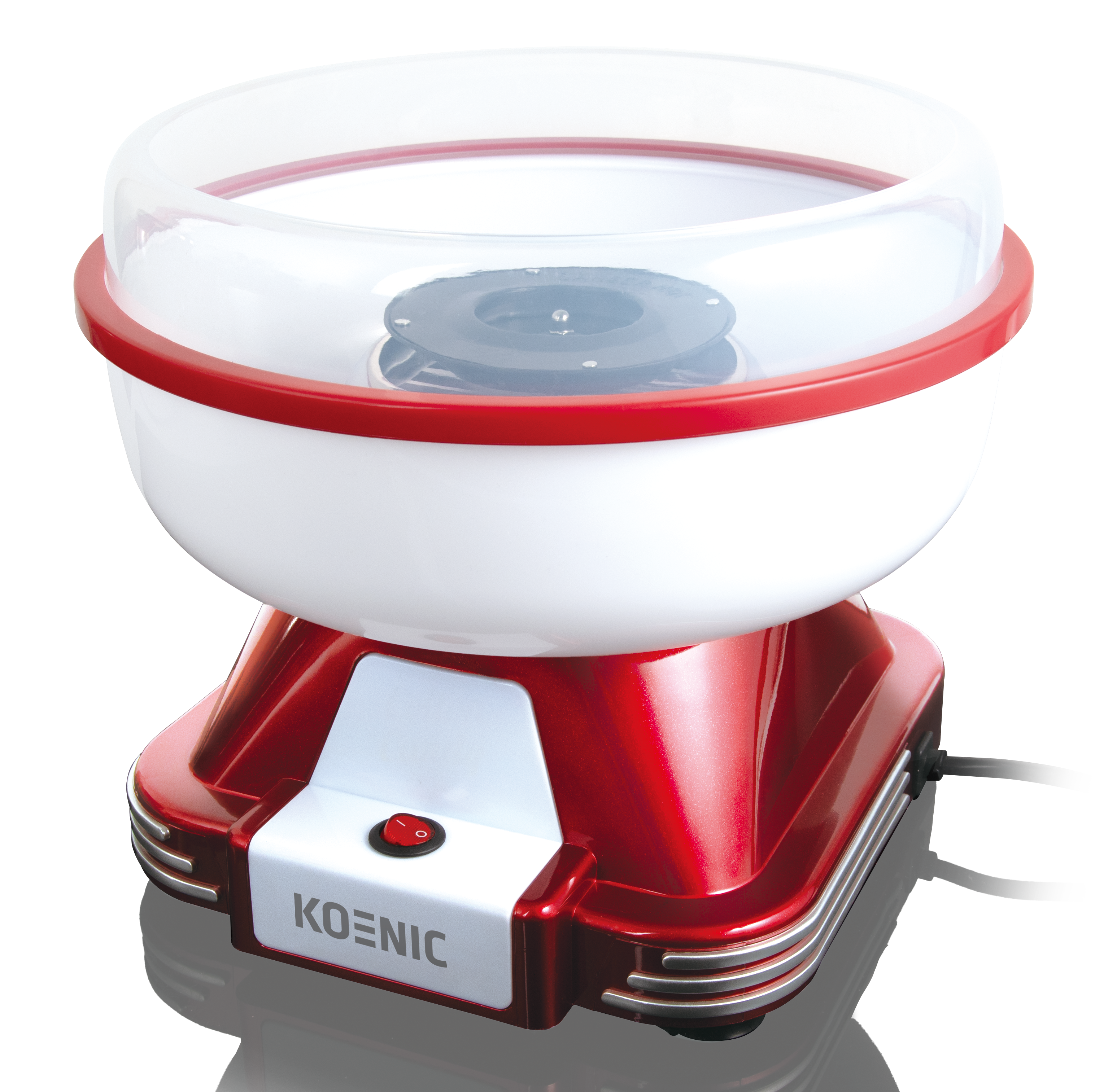 Czerwono-biała maszyna do waty cukrowej z przezroczystym wieczkiem. Ma czerwony przełącznik i widoczną markę.