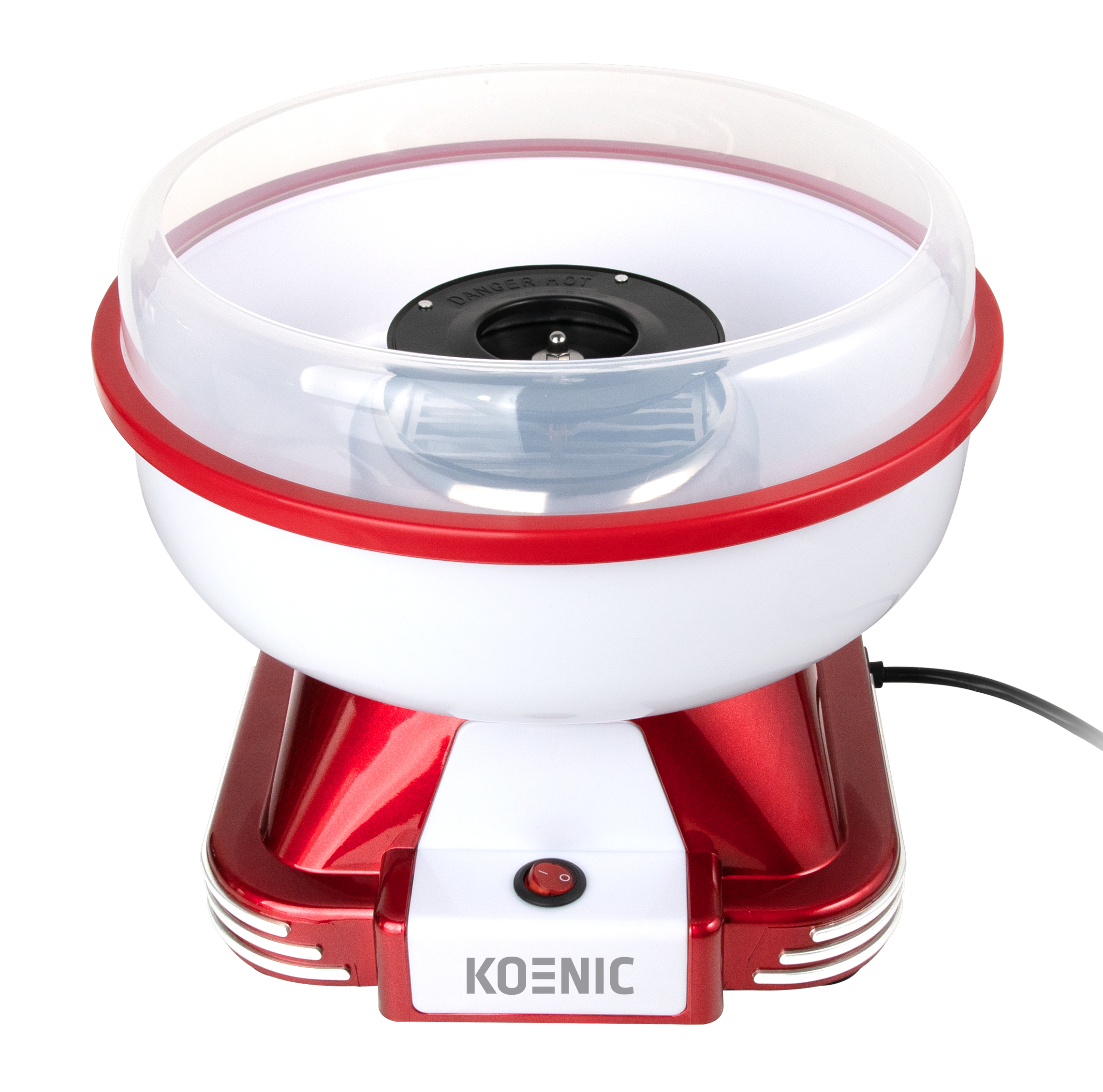 Maszyna do waty cukrowej, czerwono-biała, z przezroczystą plastikową miską. Podstawa ma przycisk zasilania i nazwę marki Koenic.