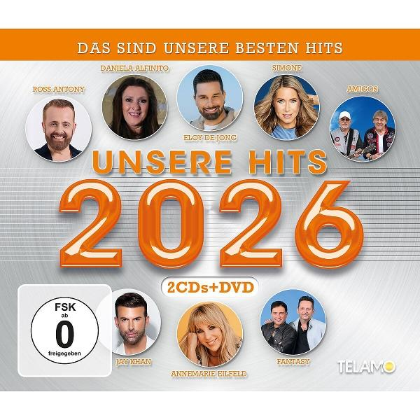 CD-Cover mit Gesichtern von Künstlern, orangefarbener Text 'UNSERE HITS 2026' und ein 'FSK ab 0'-Aufkleber.