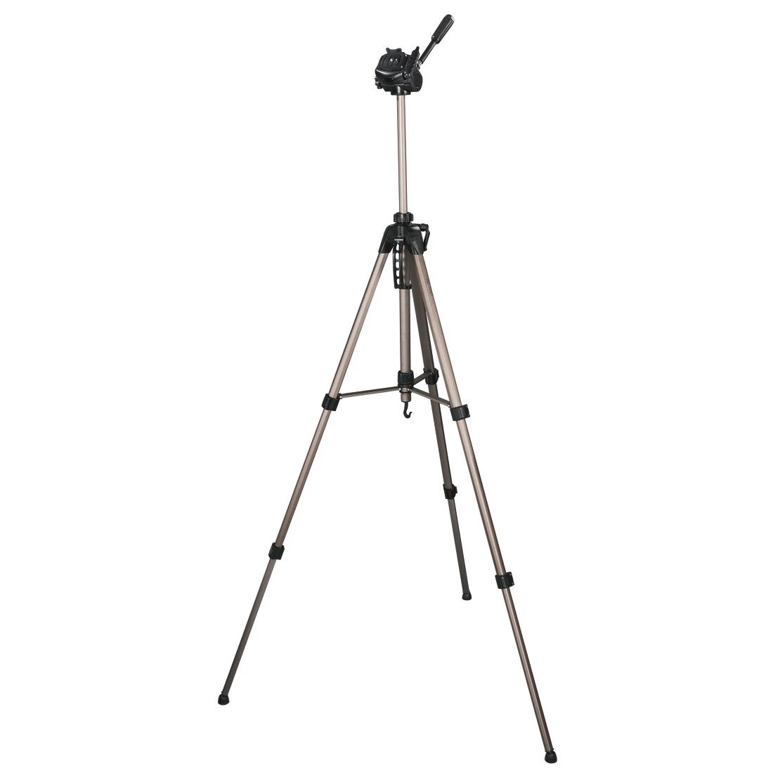 Un trípode de cámara beige y negro centrado sobre un fondo blanco. Tiene tres patas, una columna central y un soporte para cámara.