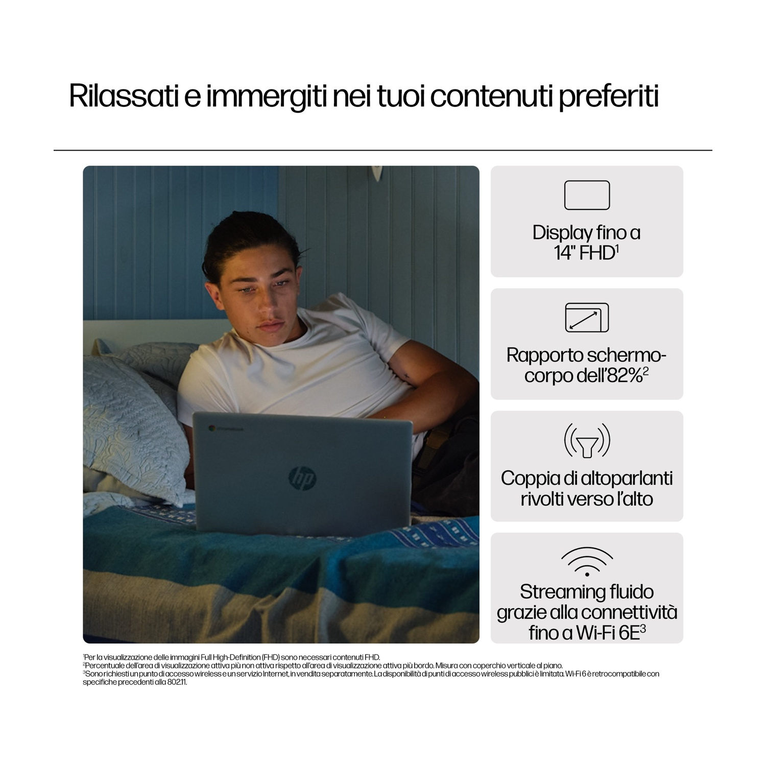 Un uomo usa un laptop a letto. Ci sono icone con testo su display, altoparlanti e Wi-Fi.