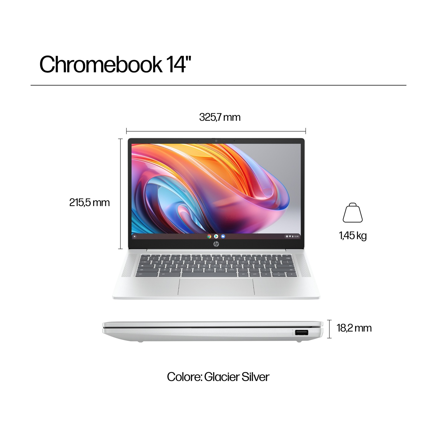 Un laptop Chromebook 14" Glacier Silver con dimensioni e peso. Sono presentate viste dall'alto e laterali.
