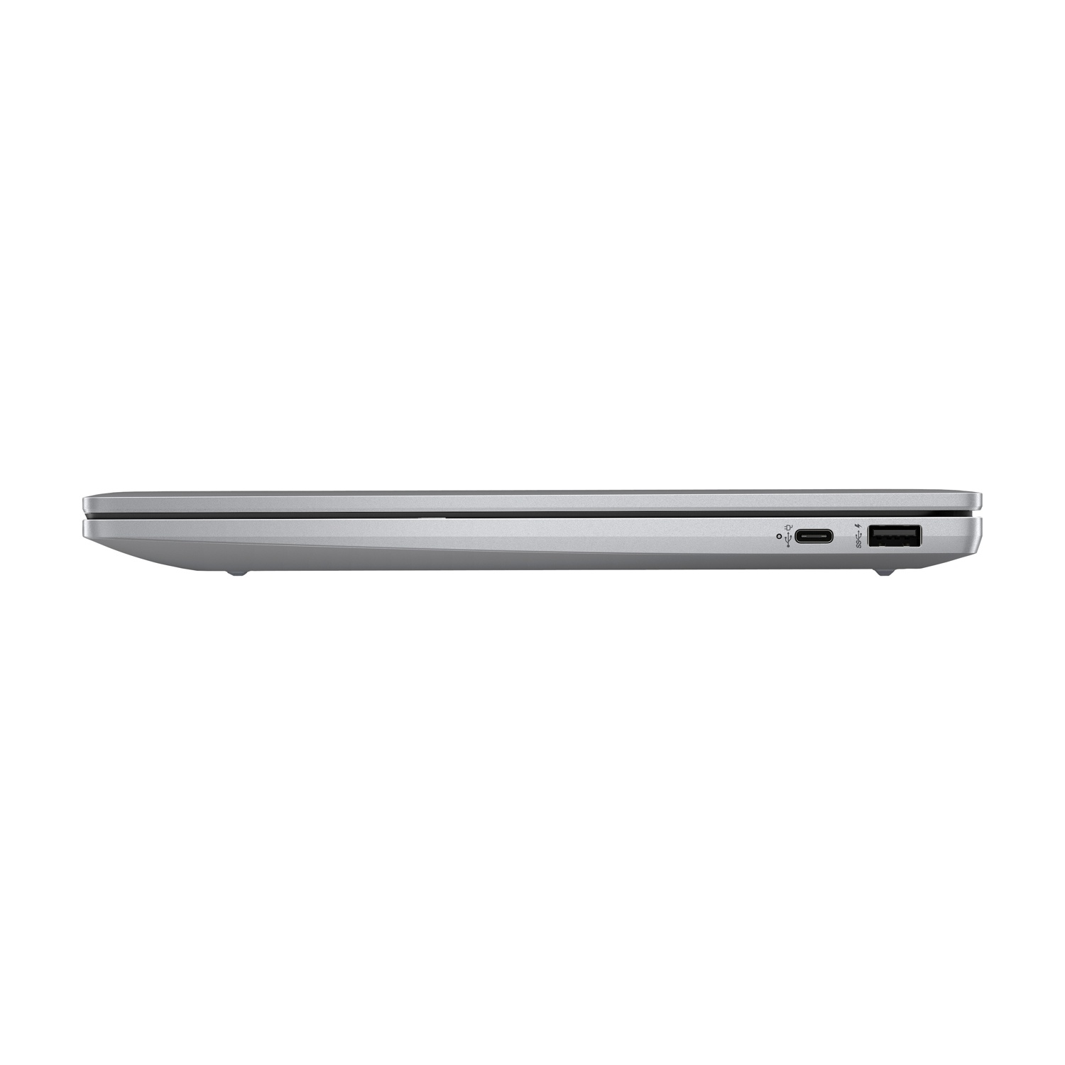 Vista laterale di un laptop argentato. Le porte visibili includono USB, USB-C e porta di alimentazione, su un corpo grigio chiaro.