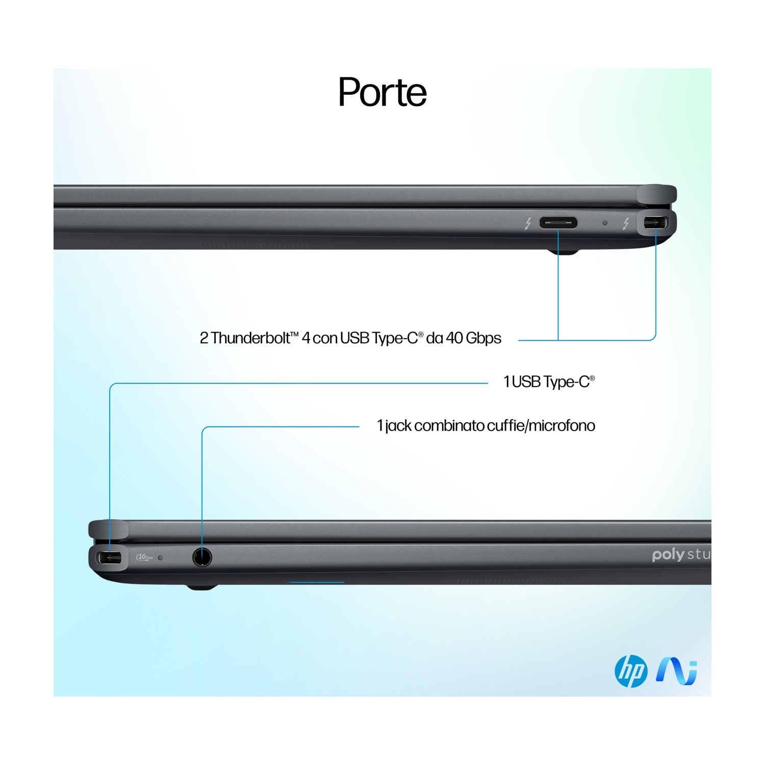 Primo piano di un laptop grigio che mostra le porte: 2x Thunderbolt 4, 1x USB-C, 1x cuffie/microfono.