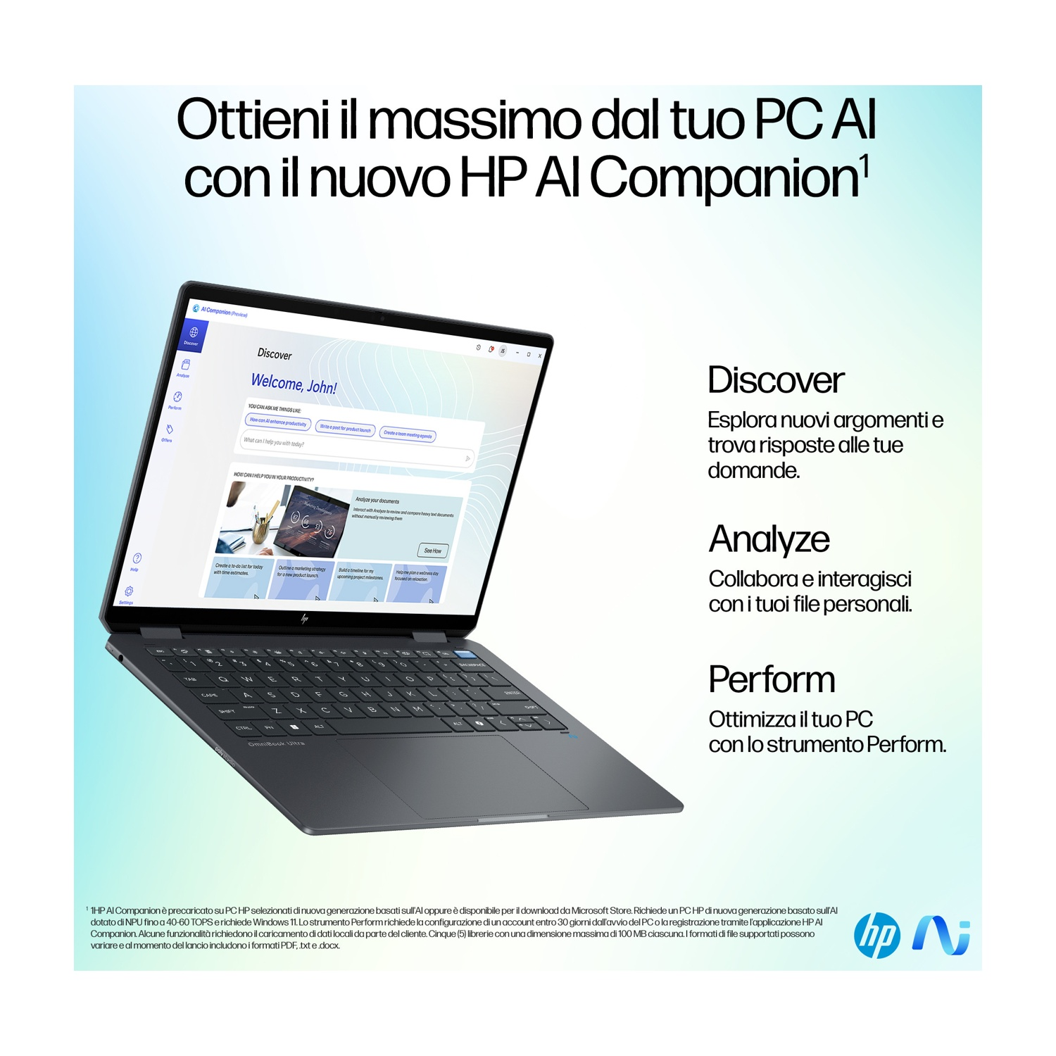 Laptop con HP AI Companion, testo italiano e logo HP su sfondo sfumato.