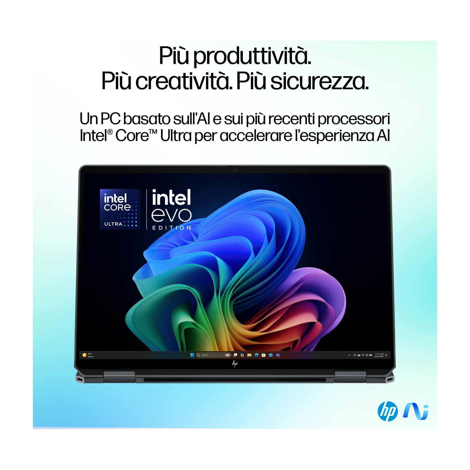 Schermo di un laptop con un design astratto colorato. Il testo include 'Intel Core Ultra' e 'HP'. Lo sfondo è azzurro.