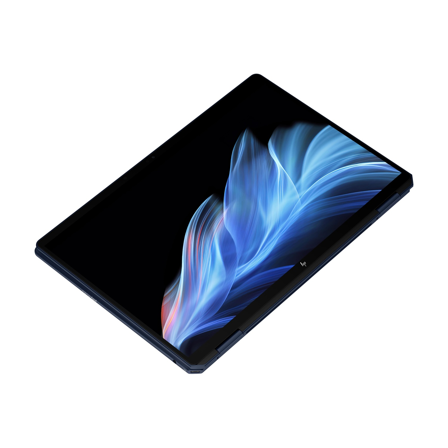 Tablet su sfondo bianco. Lo schermo mostra un design astratto blu e bianco. Il tablet è blu scuro con schermo nero.