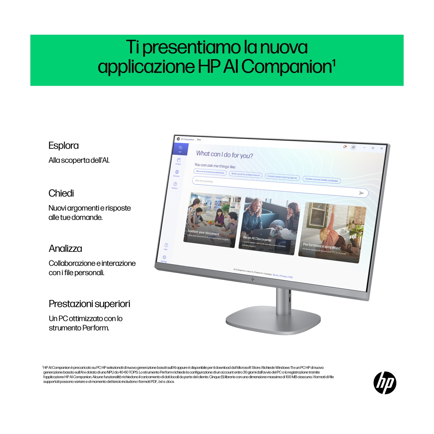 Un monitor mostra l'applicazione HP AI Companion. Testo e grafica sono visibili, insieme al logo HP in basso a destra.
