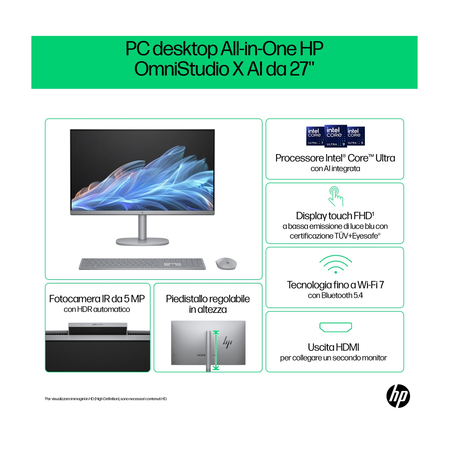 Un PC HP All-in-One. Presenta un ampio schermo, tastiera e mouse. Il testo evidenzia funzionalità come Intel Core, display touch e Wi-Fi 7.