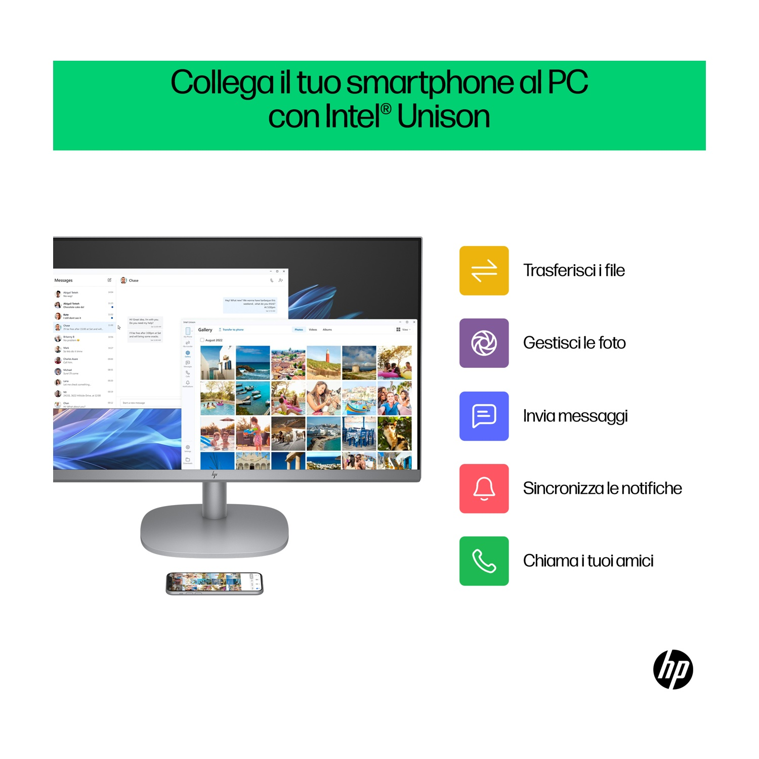 Monitor, telefono e icone. Il monitor mostra foto e messaggi. Il telefono mostra foto. Icone per trasferimento file, foto, messaggi, notifiche e chiamate.