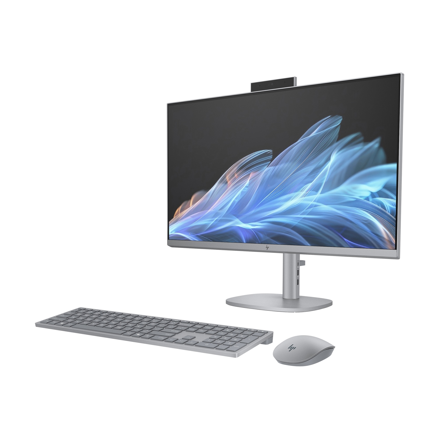 Un computer HP all-in-one con monitor, tastiera e mouse. Lo schermo mostra un design blu e bianco su sfondo scuro.