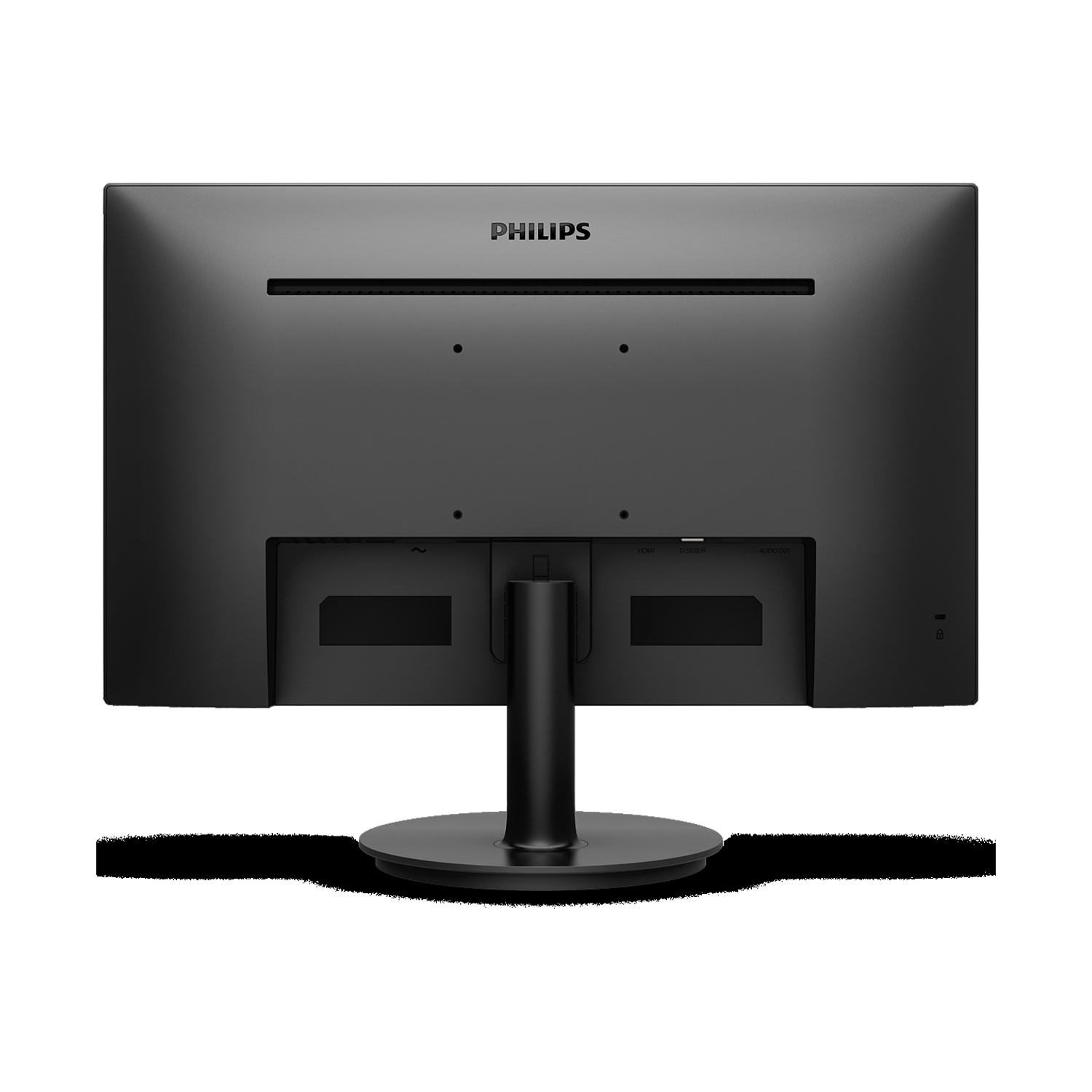 Il retro di un monitor Philips nero. Ha porte, un supporto e il logo Philips in alto.