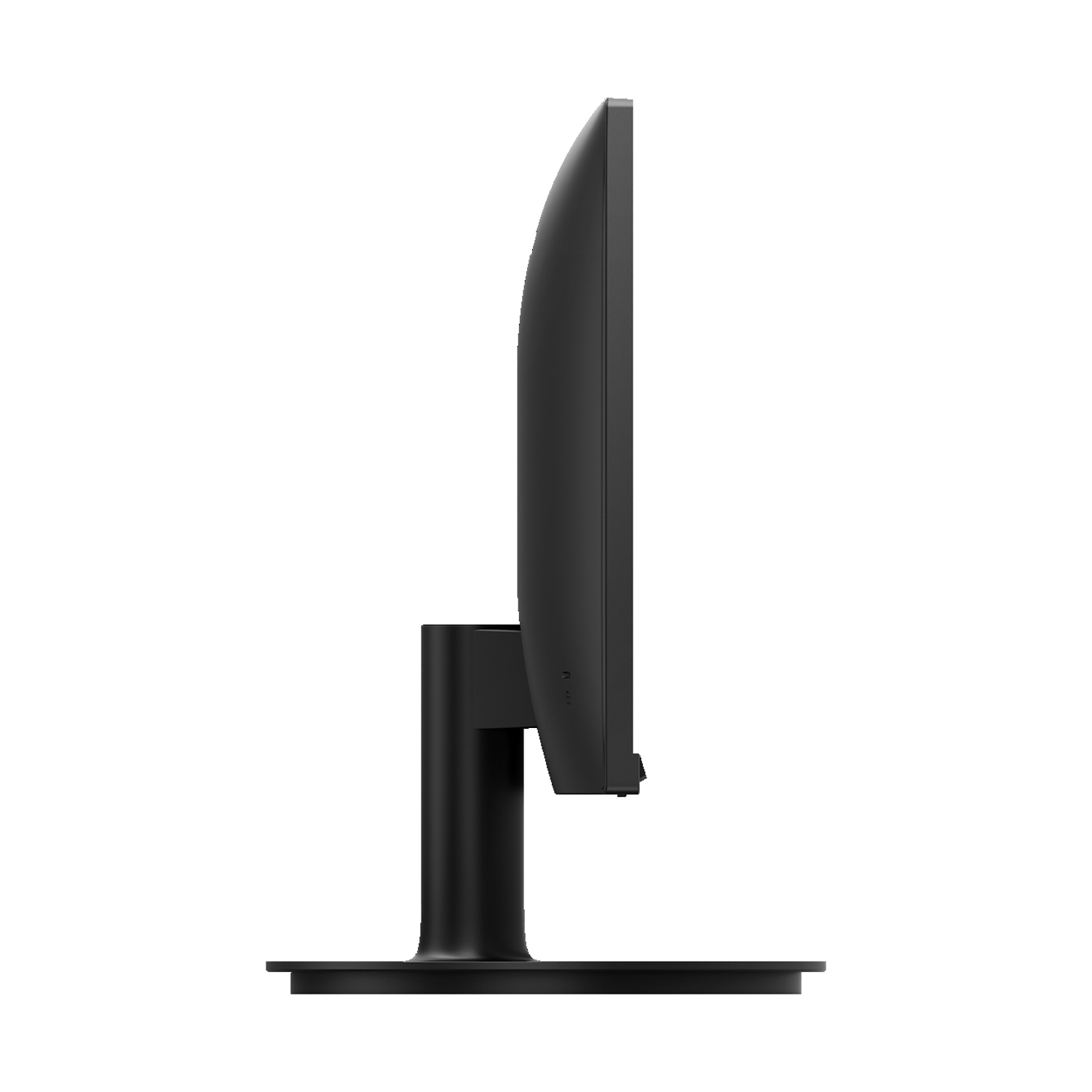 Vista laterale di un monitor per computer nero. Ha uno schermo rettangolare supportato da un supporto. Lo sfondo è bianco.