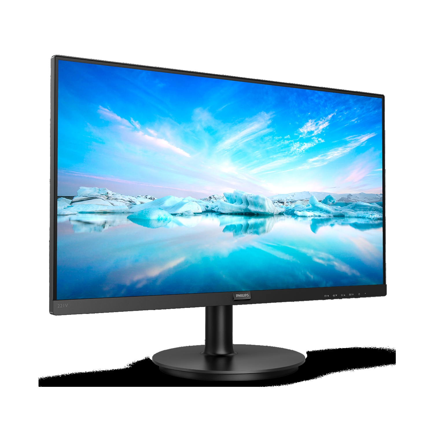 Un monitor Philips mostra un paesaggio ghiacciato con cielo blu. Il monitor ha una cornice e un supporto neri.