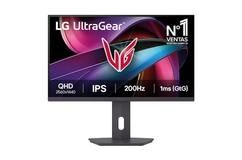 LG UltraGear Monitor. Merkmale sind QHD, IPS, 200Hz und 1ms (GtG). Der Bildschirm zeigt eine farbenfrohe Grafik mit dem LG-Logo.