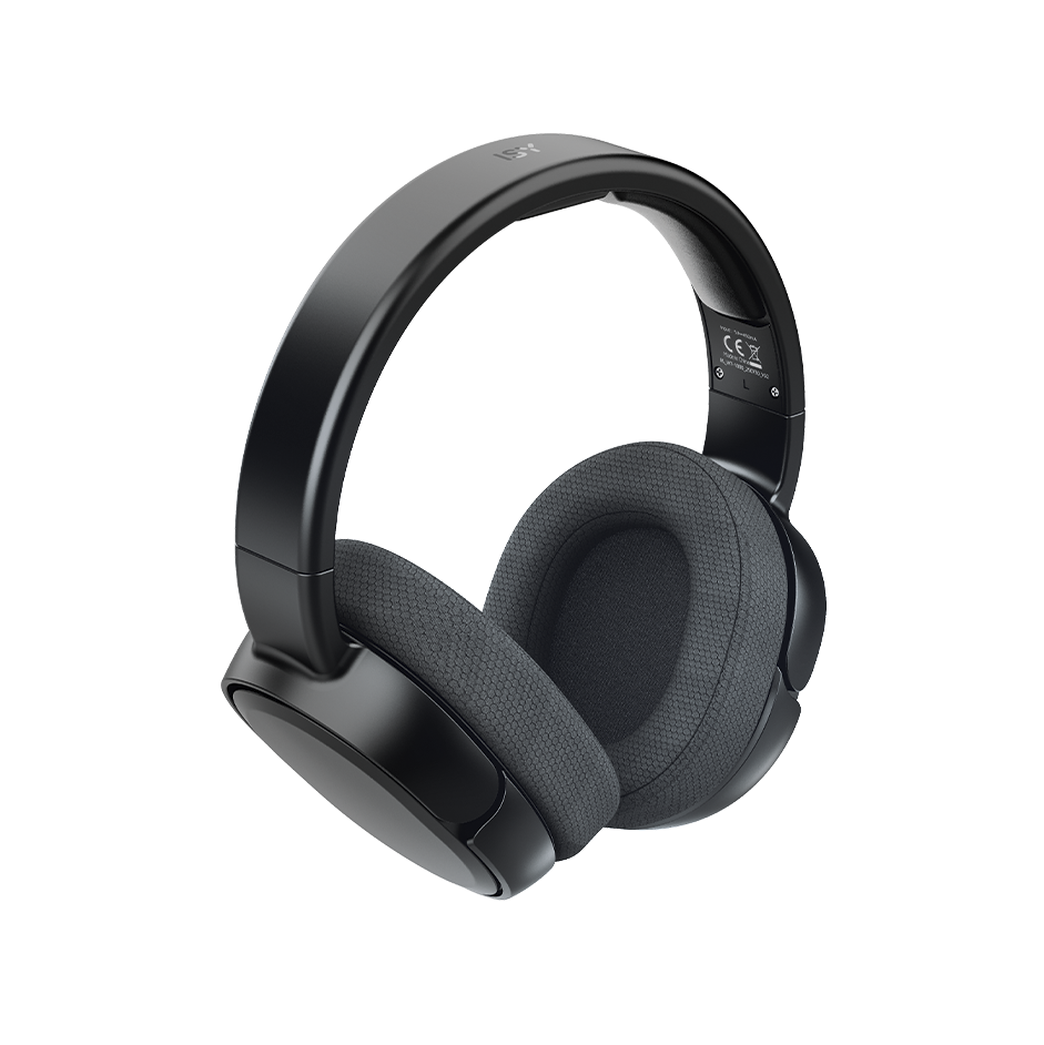 Schwarze Over-Ear-Kopfhörer mit Ohrmuscheln und Kopfbügel. Die Ohrmuscheln sind grau, der Kopfbügel glänzend schwarz.