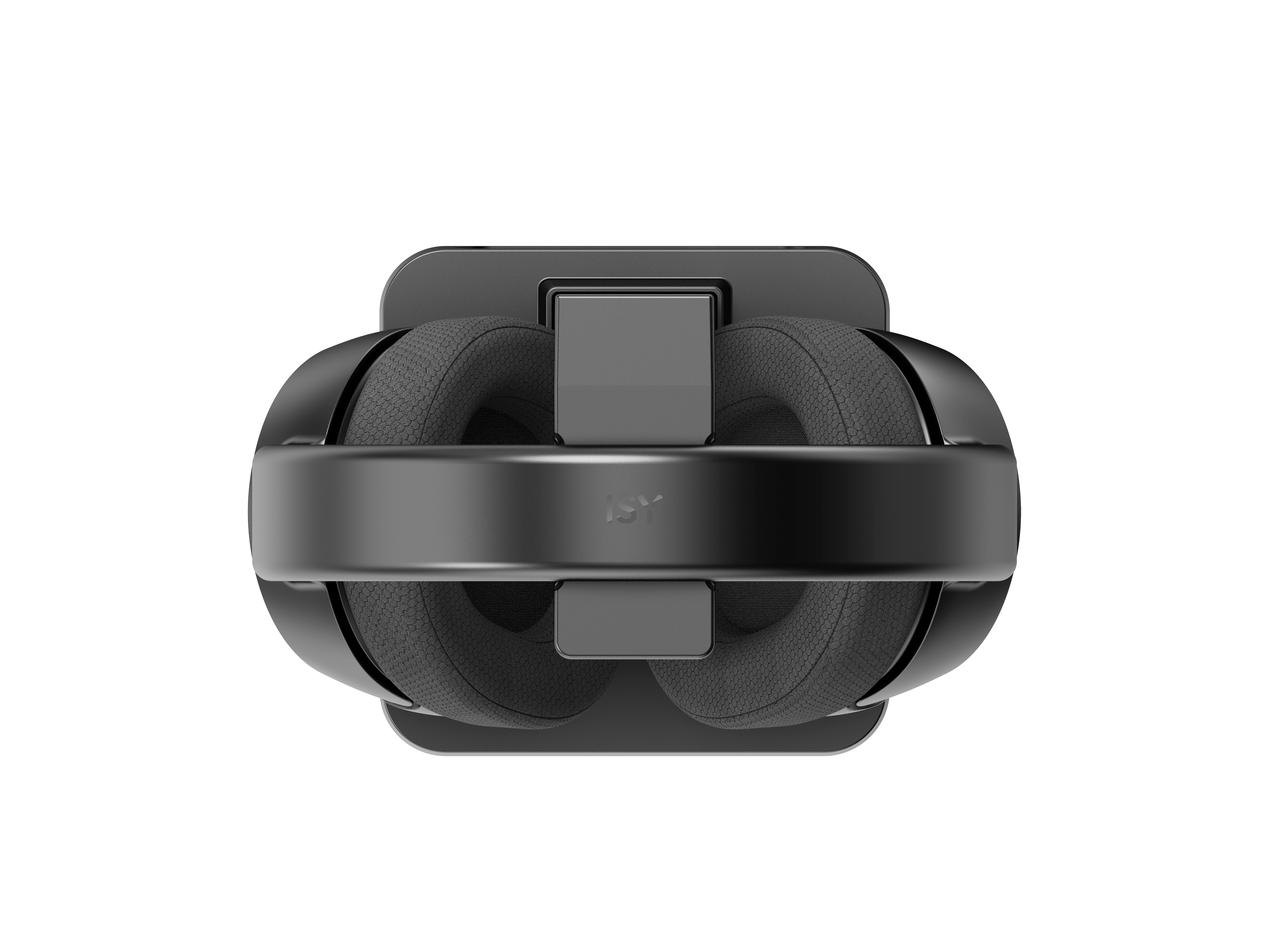 Draufsicht auf ein VR-Headset. Es ist schwarz mit grauen Ohrmuscheln. Der Hintergrund ist schwarz.